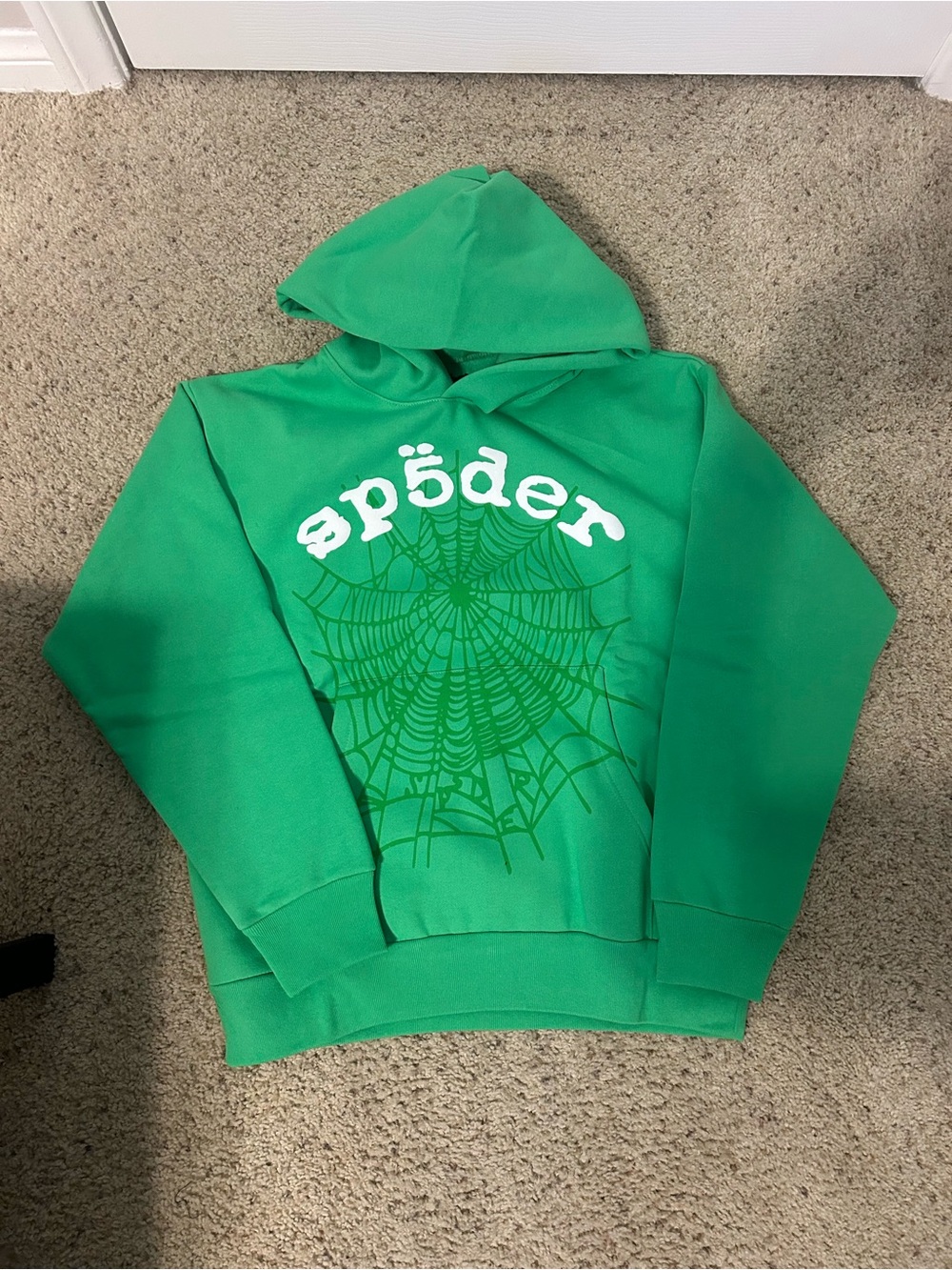 sp5der Green Graphic Hoodie with Spiderweb Motif